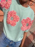 Wjczt Women 3D Flower Knitted Sweater Tshirt Elegant O Neck Short Sleeved Pullover Tops 2024 Chic Female Commute Fashion T-Shirts