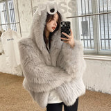 Wjczt Winter Faux Fur Coat Women Hooded Loose Long Sleeve Outerwear High Street Luxury Fur Jacket Female Fashion Overcoats 2024 New