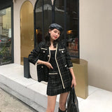 Wjczt New Autumn Elegant Black Plaid Woolen Tweed Jacket Coat + Mini Skirt Set Office Elegant Women Two Piece Set Outfits Tracksuit