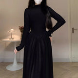 Wjczt Knitted Women Dresses Solid Autumn Winter Basics Elegant Vestidos Mujer Korean Fashion A-line Mock Neck Long Dress