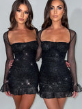 Wjczt Two Layer Mesh Sparkle Mini Dress Women New Flare Sleeve Backless Bodycon Ruched Club Party Sexy Dress Vestido Dresses