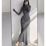 Wjczt Autumn New Solid Bodycon Midi Dresses for Women Long Sleeve Zipper Design Slim Mermaid Dress Casual Party Bandage Dress Vestidos