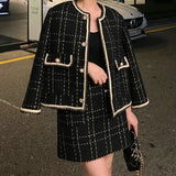 Wjczt New Autumn Elegant Black Plaid Woolen Tweed Jacket Coat + Mini Skirt Set Office Elegant Women Two Piece Set Outfits Tracksuit