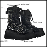 Wjczt Platform Goth Punk Motorcycle women's Boots Mid Calf Metal Chunky Heel Metal Chain High Wedges Cosplay JK Y2K Shoes