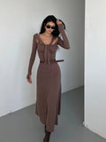 Wjczt Hooded Camisole Knitted Dress Elegant For Women Autumn New High Waisted Slim Belt Fashion Robe Korean Women Top 0PPB