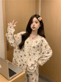 Wjczt 2024 New Sweet Spring Women Home Suits Female Lace Trim Cute Pajamas Sets Girls Cartoon Long Sleeves Trousers Simple Nightwear