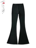 Wjczt Solid Knitted High Waist Flare Pants For Women Ribbed Casual Leggings Female Stretchy Bodycon Trousers Fashion Streetwear