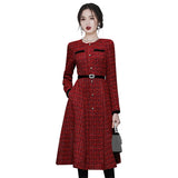 Wjczt New Designer Autumn Small Fragrance European Women Dress Luxurious Beads Belt O Neck Long Sleeve Tweed Slim Midi Dress