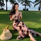 Wjczt Romantic Pink Flower Print Slip Sleeveless Backless Slim Sexy Club Maxi Dress 2023 Summer Women Elegant Party Sumdress Robe Boho