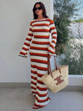 Wjczt Striped Contrast Knit Maxi Dress Women Hollow Out Long Sleeve Cover up Summer Loose Ladies Dress High Waist Fashion Dress