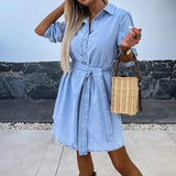 Wjczt Casual Waisted Belt A-Line Dress Fashion Solid Color Single Breasted Pullover Dress Autumn Women Long Sleeve Denim Shirt Dress