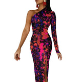 Wjczt Neon Paint Long Dress Women Graffiti Splatter Print Party Maxi Dress Summer Long Sleeve Sexy Bodycon Dresses Side Split Clothes