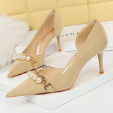 Wjczt Shoes Spring Women Pumps Pearl Metal Chain High-heels Checked Grain Stilettos Women Heels Luxury Banquet Shoes 43