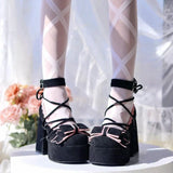 Wjczt NEW Classic Velvet Lace Up Lolita Young Girl Pumps Mary Jane Shoes Women Bowtie Thick Heel Elegant Valentine Shoes