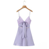 Wjczt Women Floral Embroidery Purple Sling Mini Dress Sexy Backless V Neck Female Summer Dress Holiday Robe LDZZ7038