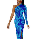 Wjczt Neon Paint Long Dress Women Graffiti Splatter Print Party Maxi Dress Summer Long Sleeve Sexy Bodycon Dresses Side Split Clothes