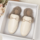 Wjczt  winter women's plush outdoor slippers mules Metal British style Genuine fur rabbit flats Ladies casual shoes