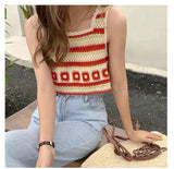 Wjczt Korean Strap Tank Top Women Bohemian Hollow Out Knit Top Loose White Crop Top