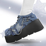 Wjczt Y2K Star Print Chunky Platform Ankle Boots Women New Metal Chain Blue Denim Boots Woman Cute Thick Bottom Jk Lolita Shoes