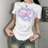 Wjczt Diamonds Butterfly Graphic Print T-shirt Harajuku Soft Girl Cute Top Casual Short Sleeve Folds Waist Tees Kawaii Tops T-shirt