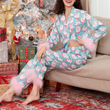 Wjczt Women Christmas Pajama Sets Outfits Fur Cuffs Santa/Bow Print Long Sleeve Button Shirts and Elastic Pants 2 Piece Set Streetwear