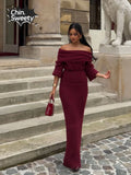 Wjczt Red Wine Off Shoulder Knitted Maxi Dresses For Women Elegant Long Sleeve Pleated Slim Mermaid Dress Elegant Night Party Robes