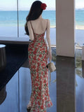 Wjczt Summer New Rose Floral Printed Midi Dress French Style Women's Spaghetti Strap Slim Waist Backless Vestidos Elegant Party Robe