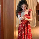 Wjczt French Vintage Red Floral Slimming Long Dress New Summer Style Waist-fitted Pear-shaped Small Sleeve Square Collar Dress