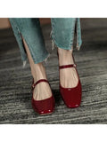 Wjczt New Women Red Black Mary Janes Shoes Lady High Quality Leather Low Heel Dress Shoes Square Toe Shallow Buckle Strap Shoes Female