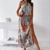 Wjczt Summer Sleeveless Long Dress Women Printed Halter Neck Dress Sexy Boho Waist Slit Maxi Dress Female Casual Beach Sundress