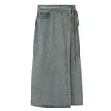 Wjczt Retro washed denim sexy skirt for women's summer versatile 2024 new high waisted slimming fashion design with a slit skirt