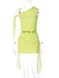 Wjczt Yellow Sexy Skirt Two Piece Sets Women Skew Collar Tank Top And Draped Mini Skirt Femme Skinny Club Party Dress Sets