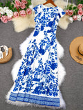 Wjczt 2025 New Blue Floral Print White Dresses Women Lace Hollow Out Long Dress Holiady Summer Bodycon Robe Elegant Ruffles Vestidos