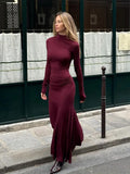 Wjczt Female Fashion Sexy Solid Half High Collar Slim Dress Elegant Chic Long Sleeve Dresses 2025 Autumn Women High Street Vestidos