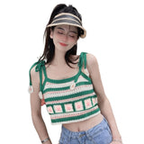 Wjczt Women Hollow Knit Crochet Striped Vest Sleeveless Tie Shoulder Floral Crop Top N7YF