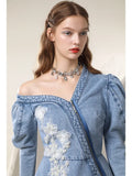 Wjczt Spring 2024 New Irregular Sexy Cold-Shoulder Mesh Flower Famale Dress New Chinese Style Denim A-LINE Women Dresses