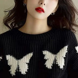 Wjczt Korean Style Black Printed Knitted Long Sleeved Sweater Autumn/winter Fashion Casual Loose High Quality Comfortable Women's Top