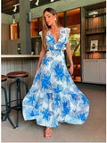 Wjczt 2025 New Blue Floral Print White Dresses Women Lace Hollow Out Long Dress Holiady Summer Bodycon Robe Elegant Ruffles Vestidos