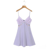 Wjczt Women Floral Embroidery Purple Sling Mini Dress Sexy Backless V Neck Female Summer Dress Holiday Robe LDZZ7038