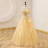 Wjczt The new colored yarn yellow evening dress sweet gorgeous costume elegant pompous skirt
