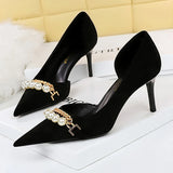 Wjczt Shoes Spring Women Pumps Pearl Metal Chain High-heels Checked Grain Stilettos Women Heels Luxury Banquet Shoes 43