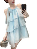 Wjczt Pure Desire Hanging Neck Design Sense Multi Layered Cake Fashion Dress Elegant Summer Blue Mini Dress Sweet Korean 69LC