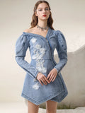 Wjczt Spring 2024 New Irregular Sexy Cold-Shoulder Mesh Flower Famale Dress New Chinese Style Denim A-LINE Women Dresses