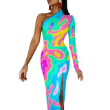 Wjczt Neon Paint Long Dress Women Graffiti Splatter Print Party Maxi Dress Summer Long Sleeve Sexy Bodycon Dresses Side Split Clothes