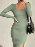 Wjczt White Scoop Neck Knit Dress Female Basic High Split Autumn Solid Elegant Ribbed Party Dress Patchwork Long Sleeve Dress