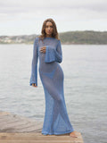 Long Sleeve Knit Beach Dress Women Sexy See Through Slim Maxi Dress Summer Elegant Solid Backless Long Dress Holiday Outfit 2025