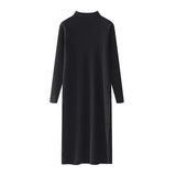 Wjczt  Women Fall Versatile Mock Neck Knit Dress New Winter Inner Layer Long Sleeved Dress Casual Loose Mid-Length Sweater Dress