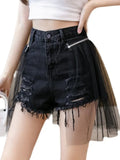 Wjczt Design Sense Mesh Stitching Women'S Denim Shorts High Waist Raw Edge Fake Two-Piece Wide Leg Hot Pants Korean Women Clothing