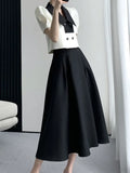 Wjczt French Elegant Two Piece Sets Vintage Office Lady Puff Sleeve White Crop Top + A Line Black Midi Skirts Suit Retro Summer Outfit