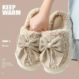 Wjczt Cotton Bowknot Slippers Ladies Winter indoor Home Warm Fluffy Shoes Comfortable Slippers 3.5CM Thick Sole Antislip